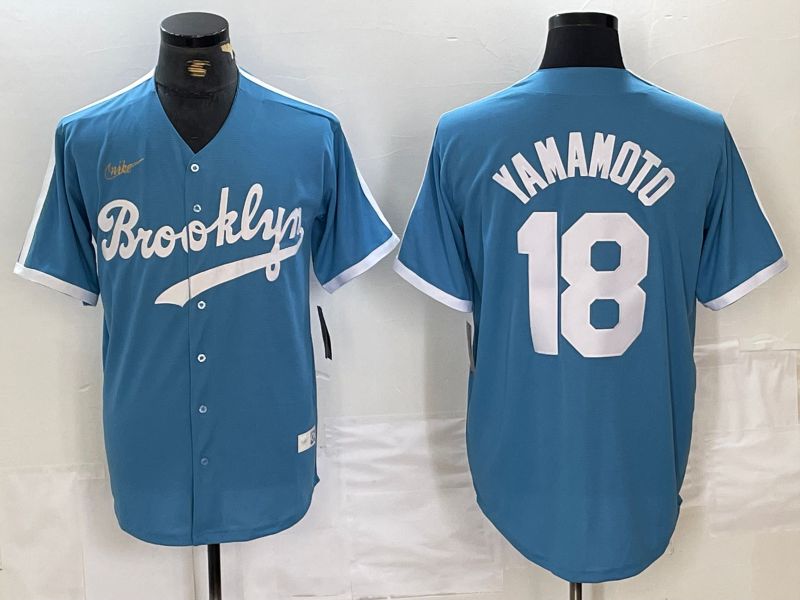 Men Los Angeles Dodgers 18 Yamamoto Light blue Throwback 2024 Nike MLB Jersey style 1